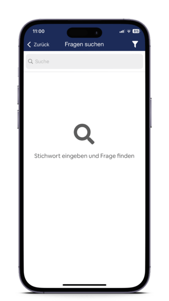 TheorieCheck Führerscheinapp Menüpunkt Fragen suchen