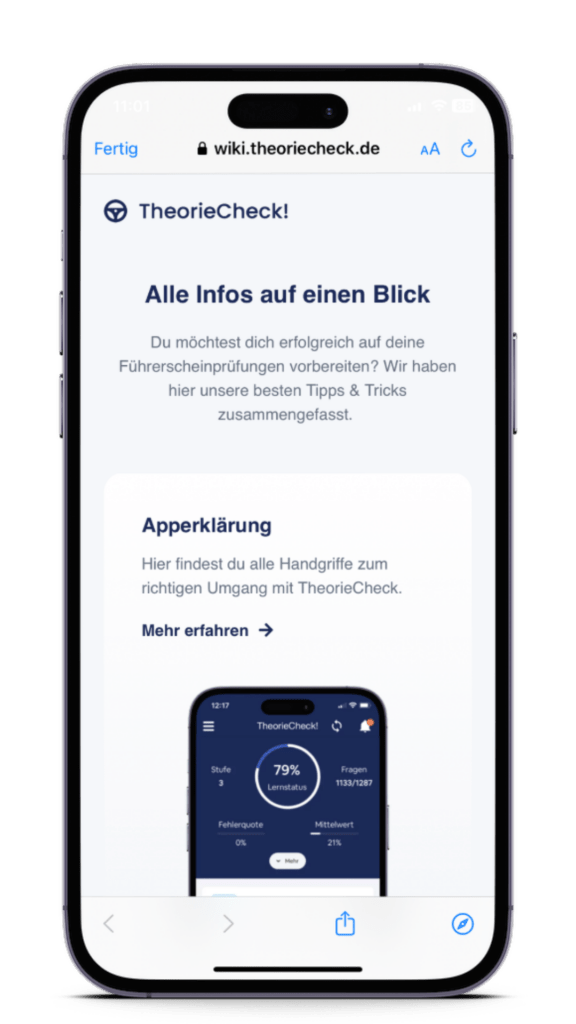 TheorieCheck Führerscheinapp Menüpunkt Hilfe