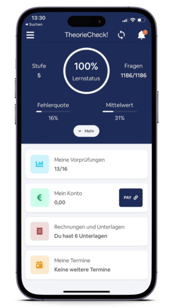 TheorieCheck Führerscheinapp Homebildschirm 100%